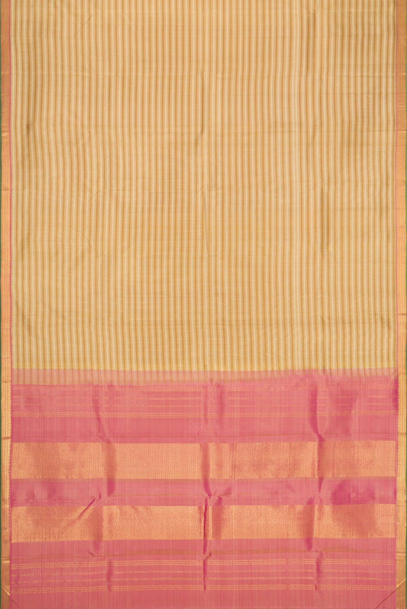 Flat view of Dark Beige Dual Tone Kanchipuram Silk Saree with Checked design on the body and Zari Border. 
