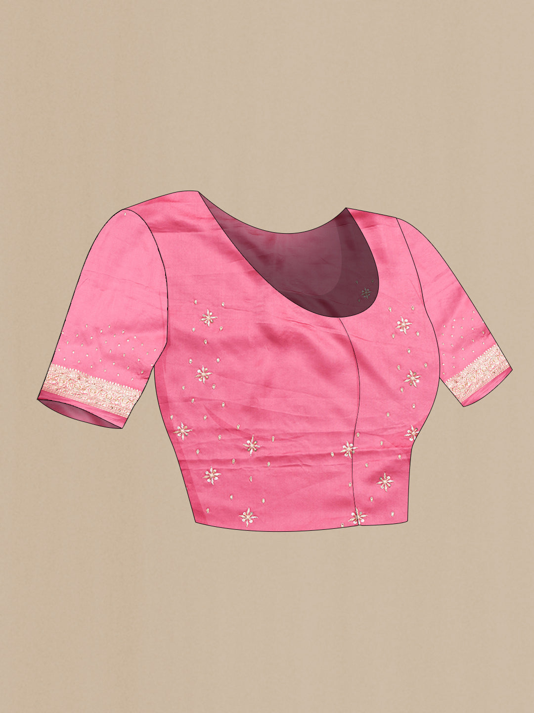 Close up image of the blouse of Pink Dual Tone Satin Crepe Saree with Embroidery on the body and Embroidery Border. 