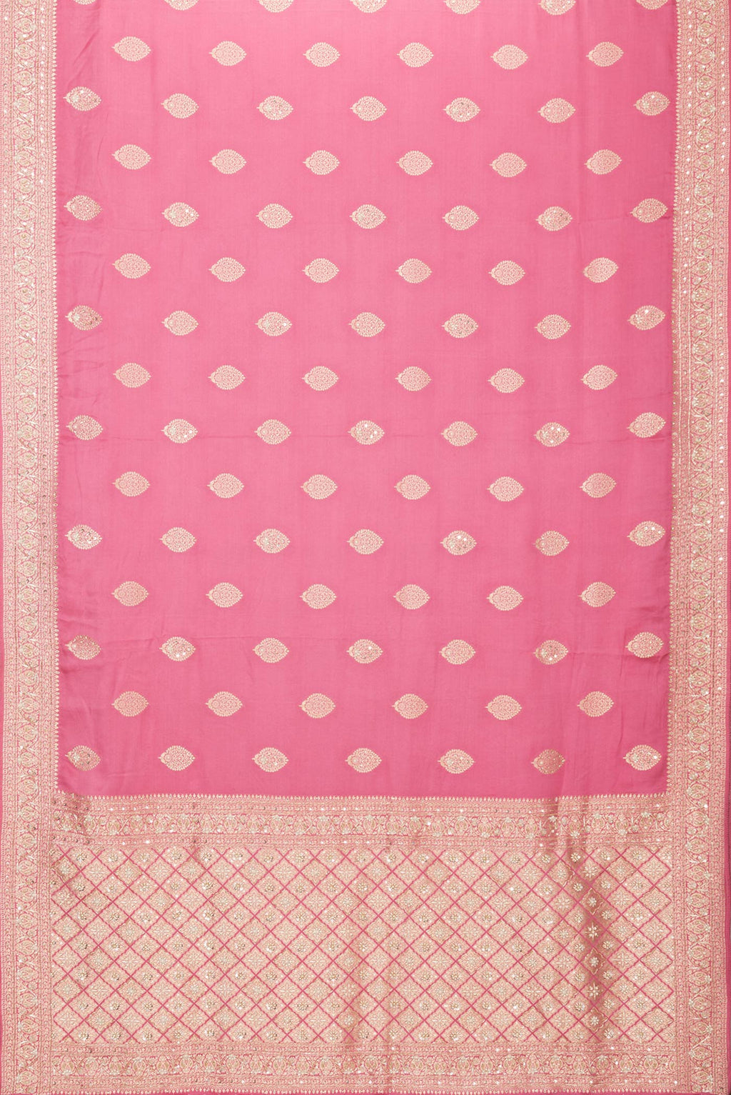 Flat view of Pink Dual Tone Satin Crepe Saree with Embroidery on the body and Embroidery Border. 