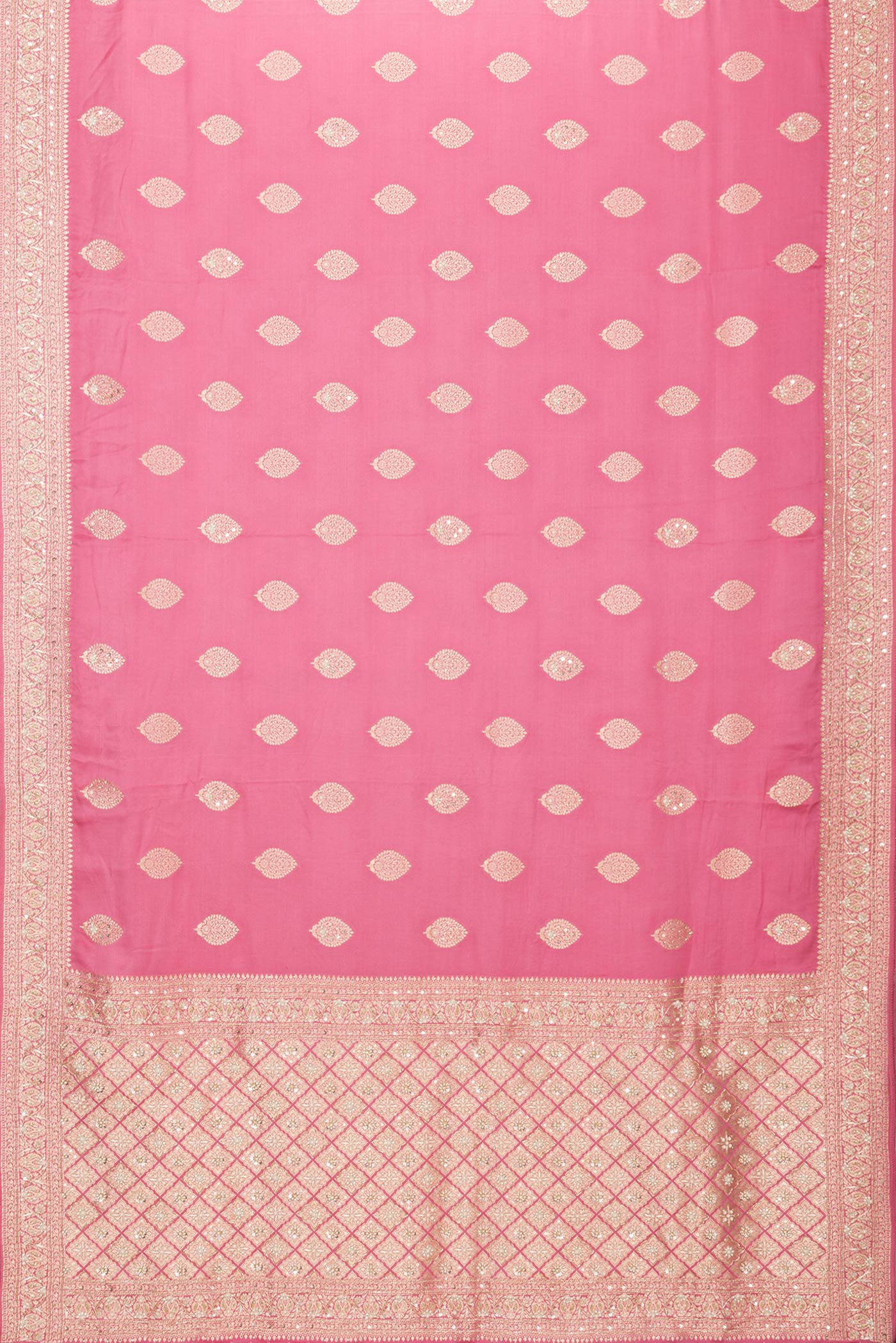 Flat view of Pink Dual Tone Satin Crepe Saree with Embroidery on the body and Embroidery Border. 