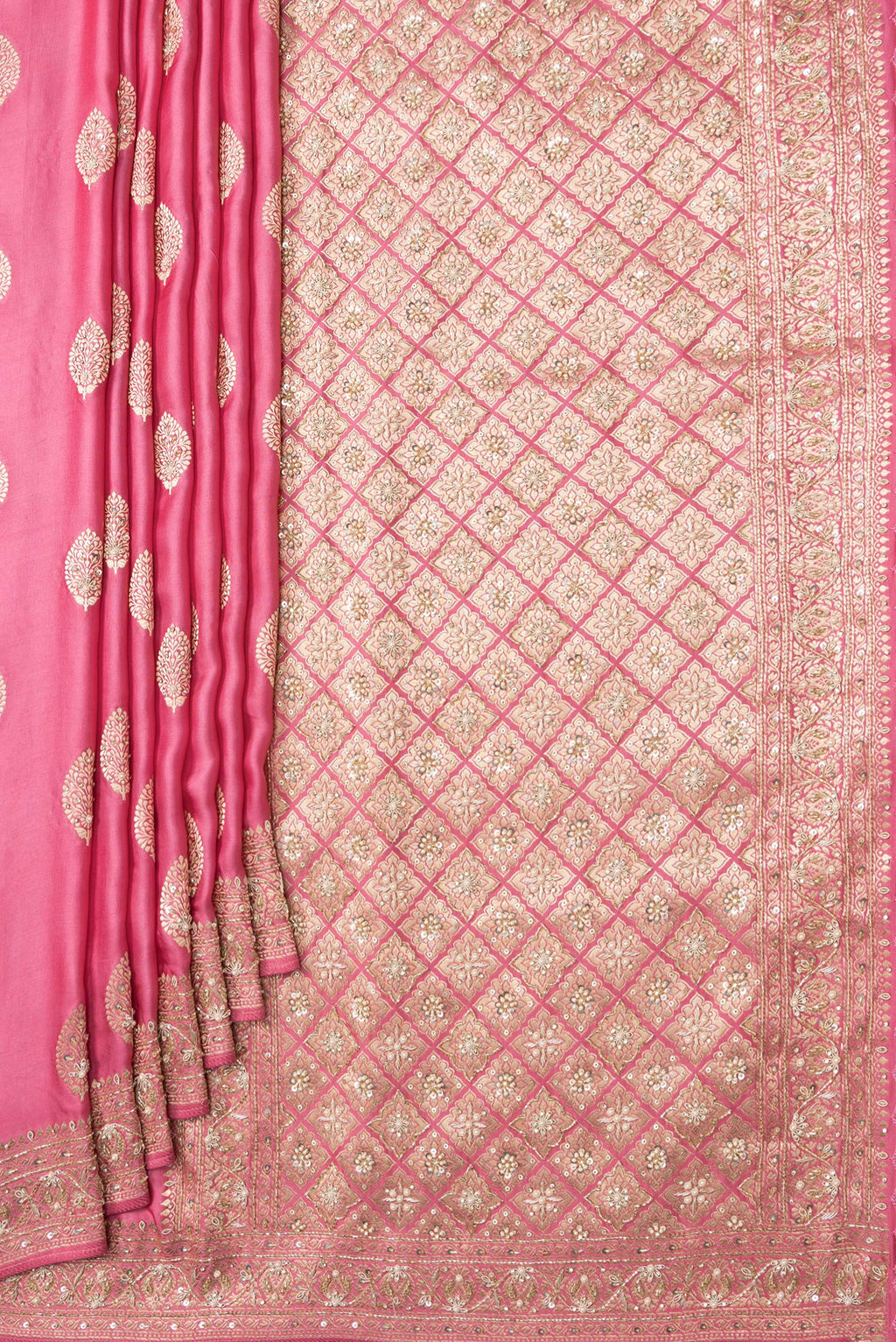 Pleats and pallu of Pink Dual Tone Satin Crepe Saree with Embroidery on the body and Embroidery Border. 