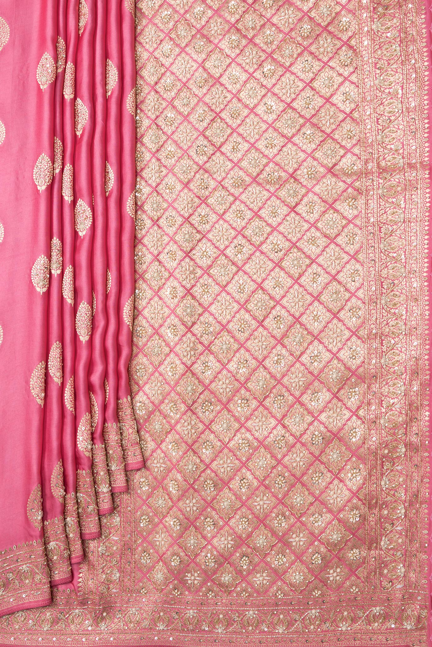 Pleats and pallu of Pink Dual Tone Satin Crepe Saree with Embroidery on the body and Embroidery Border. 