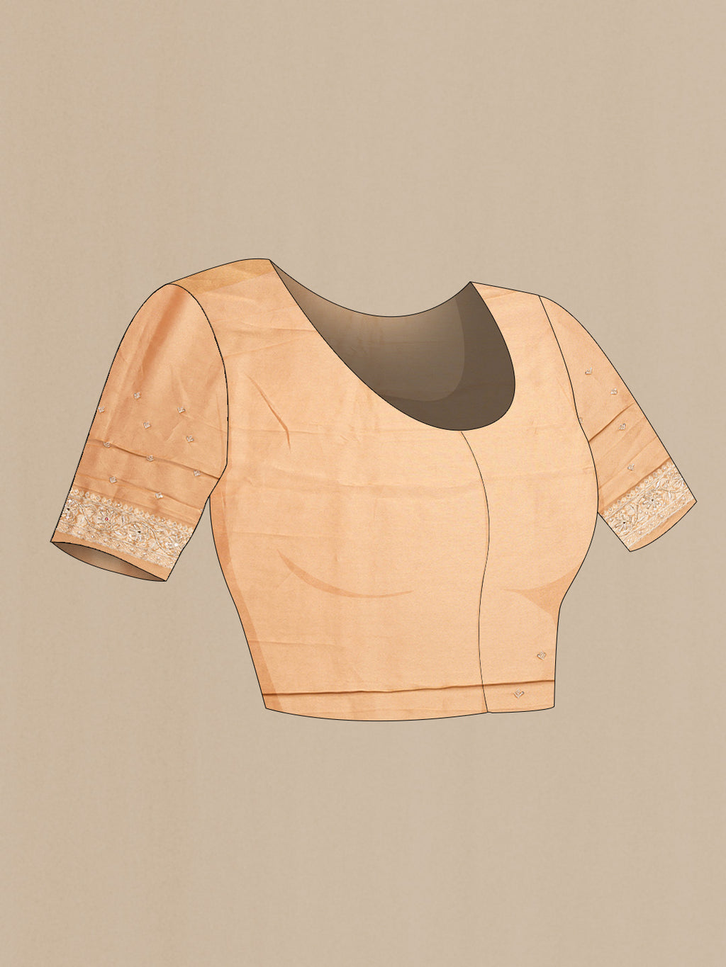 Close up image of the blouse of Brick Orange Dual Tone Mysore Georgette Saree with Embroidery on the body and Embroidery Border. 