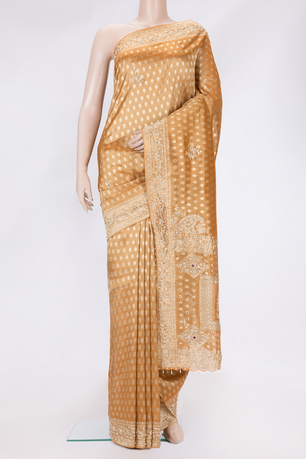 Brick Orange Dual Tone Mysore Georgette Saree with Embroidery on the body and Embroidery Border.  displayed on a mannequin