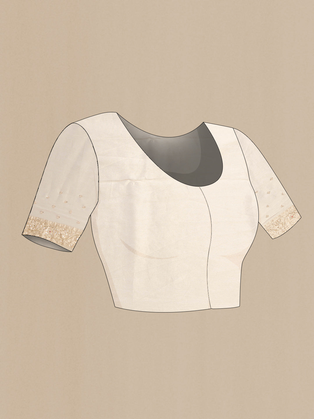 Close up image of the blouse of Beige Dual Tone Organza Silk Saree with Zari Brocade on the body and Embroidery Border. 