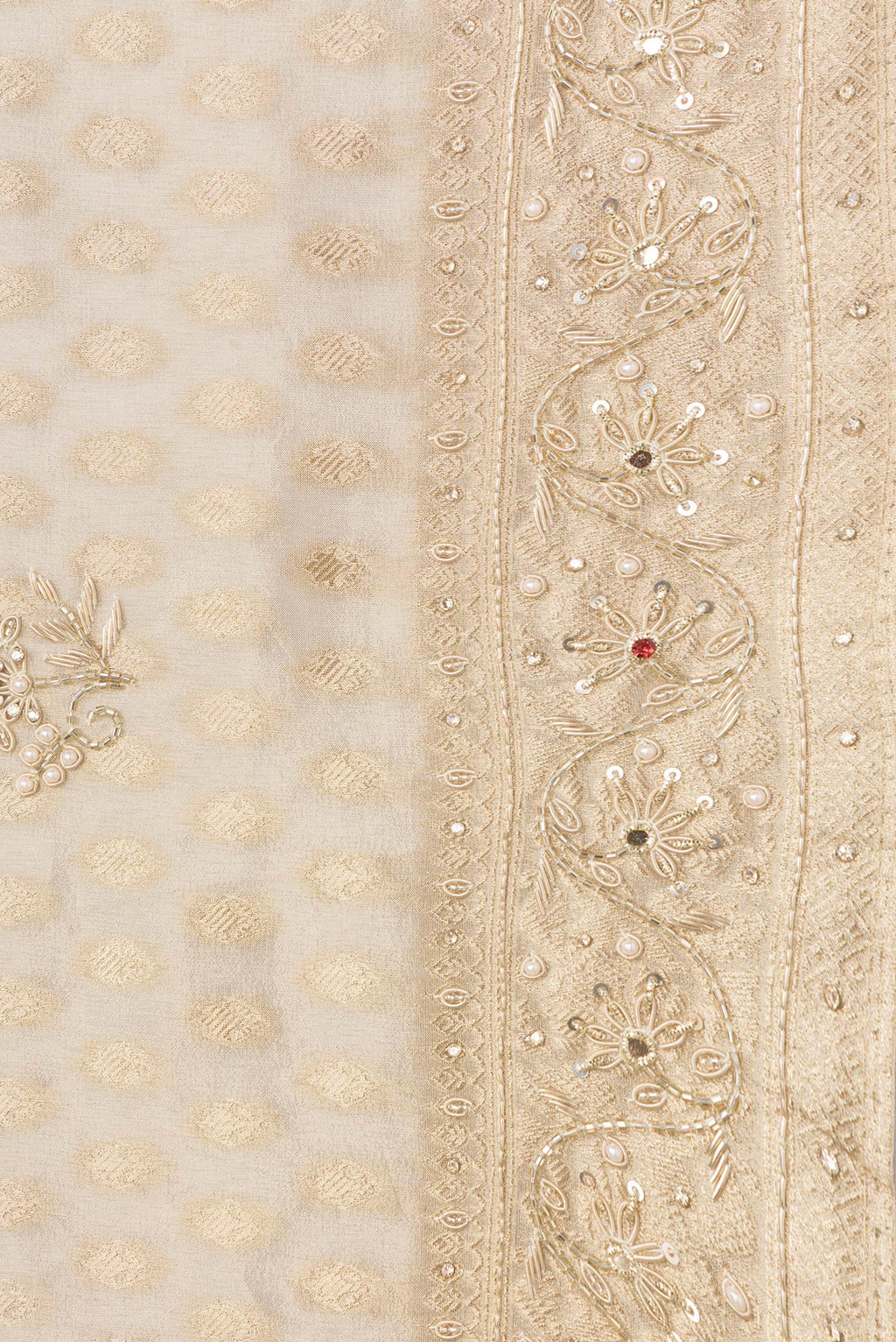 Border image of Beige Dual Tone Organza Silk Saree with Zari Brocade on the body and Embroidery Border. 