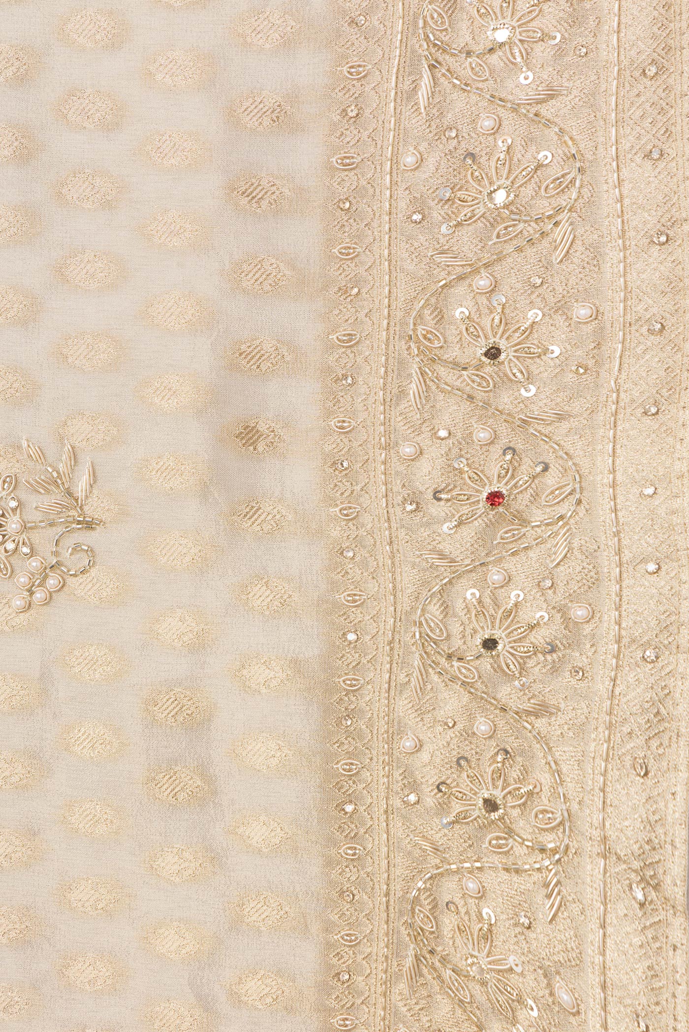 Border image of Beige Dual Tone Organza Silk Saree with Zari Brocade on the body and Embroidery Border. 