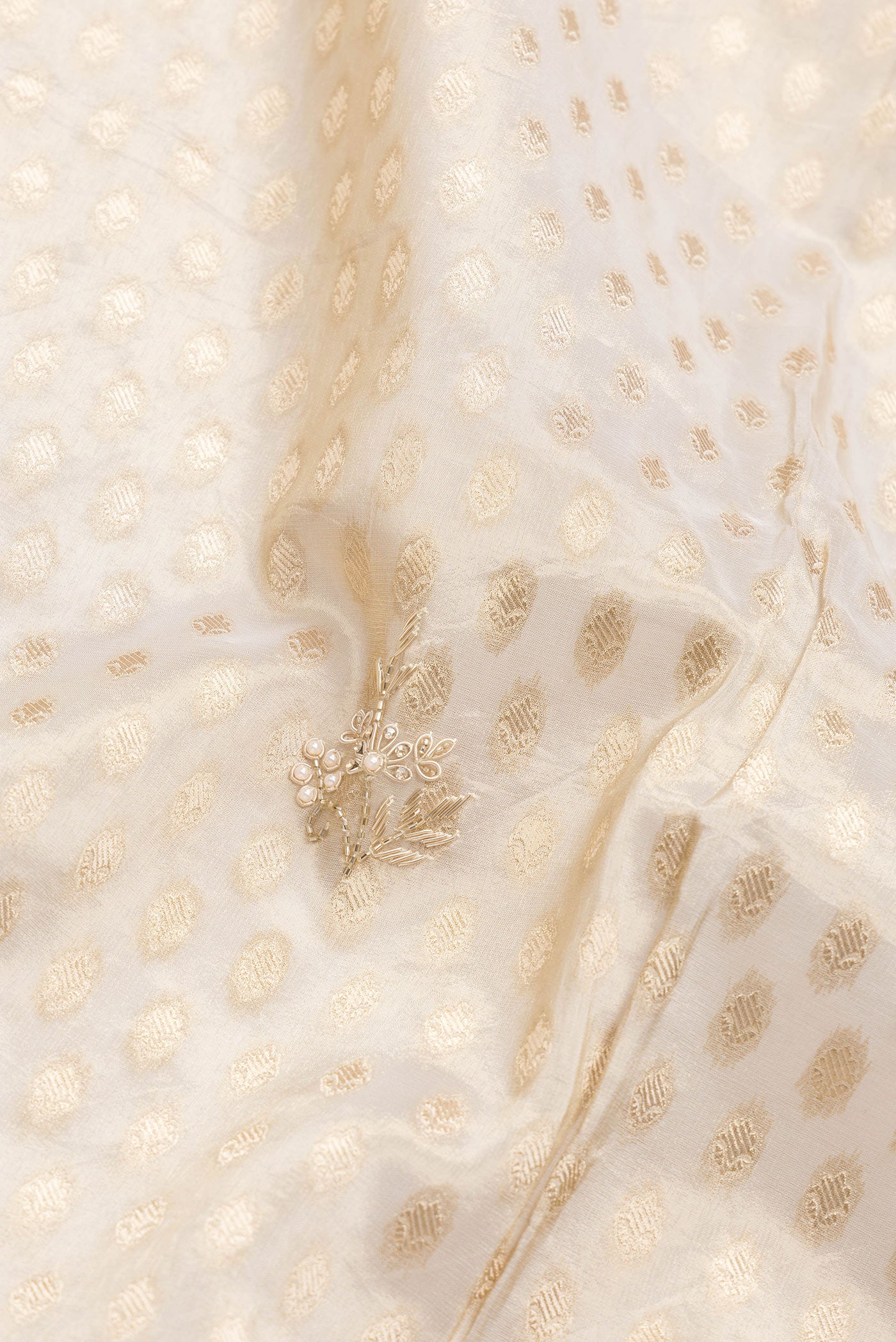 Close up of Beige Dual Tone Organza Silk Saree with Zari Brocade on the body and Embroidery Border.  displaying folds