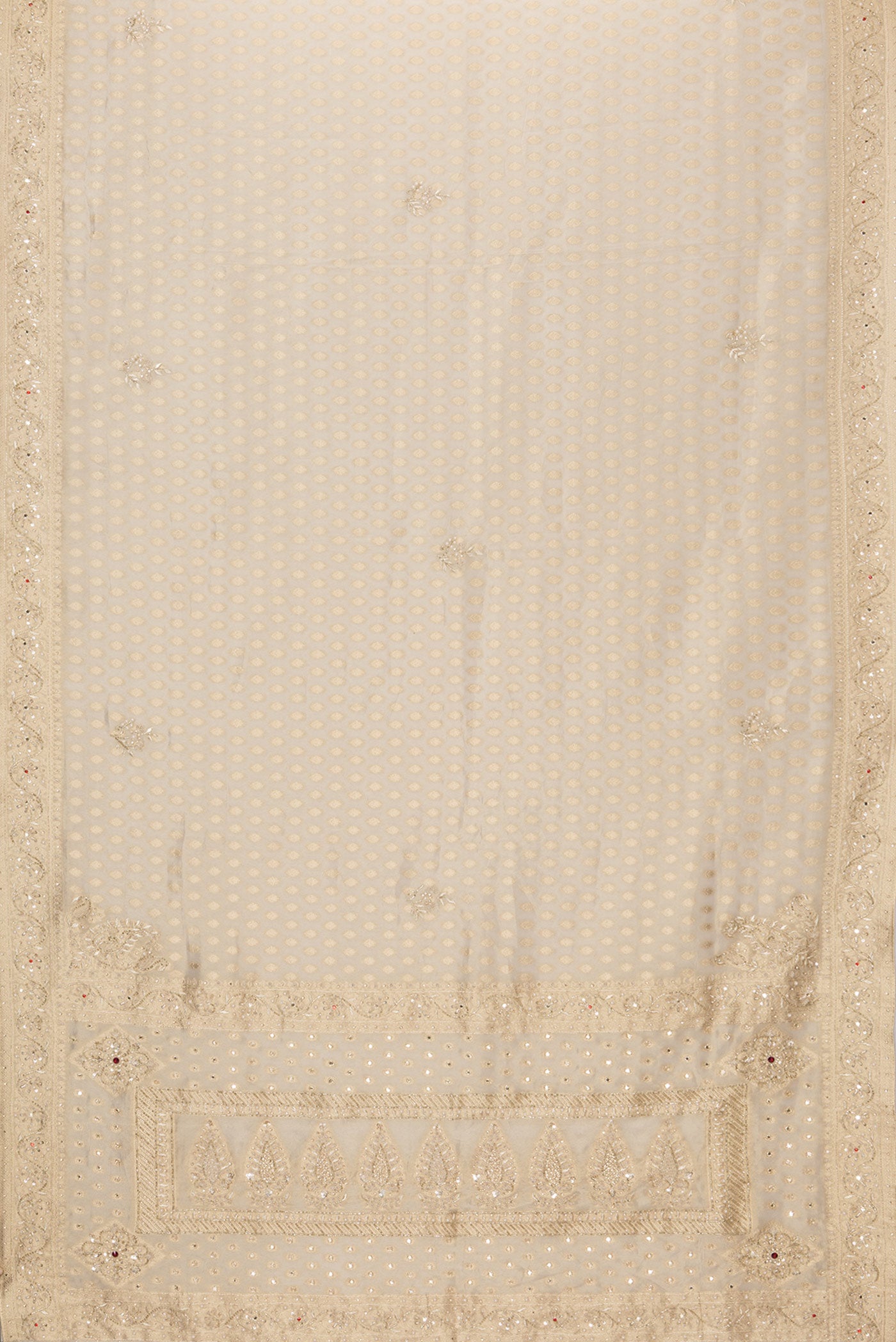 Flat view of Beige Dual Tone Organza Silk Saree with Zari Brocade on the body and Embroidery Border. 