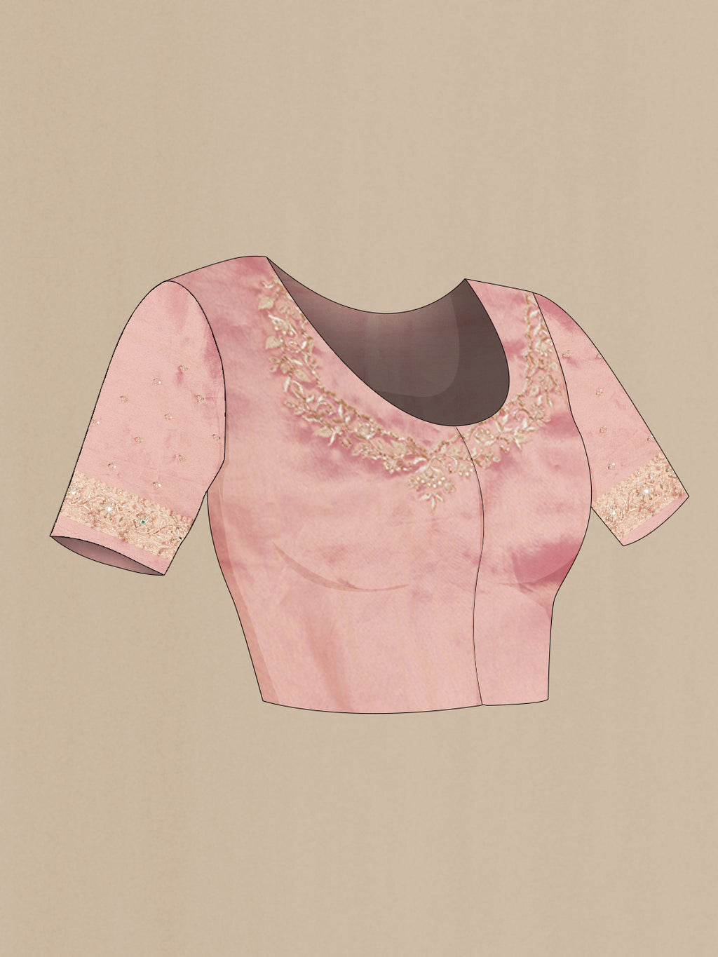 Close up image of the blouse of Pink Dual Tone Banarasi Georgette Saree with Embroidery on the body and Embroidery Border. 