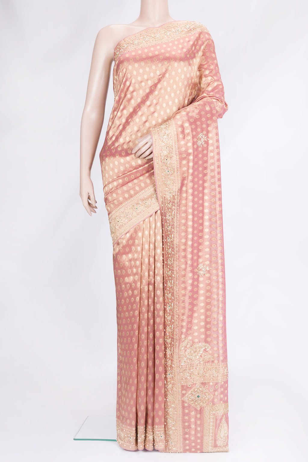 Pink Dual Tone Banarasi Georgette Saree with Embroidery on the body and Embroidery Border.  displayed on a mannequin