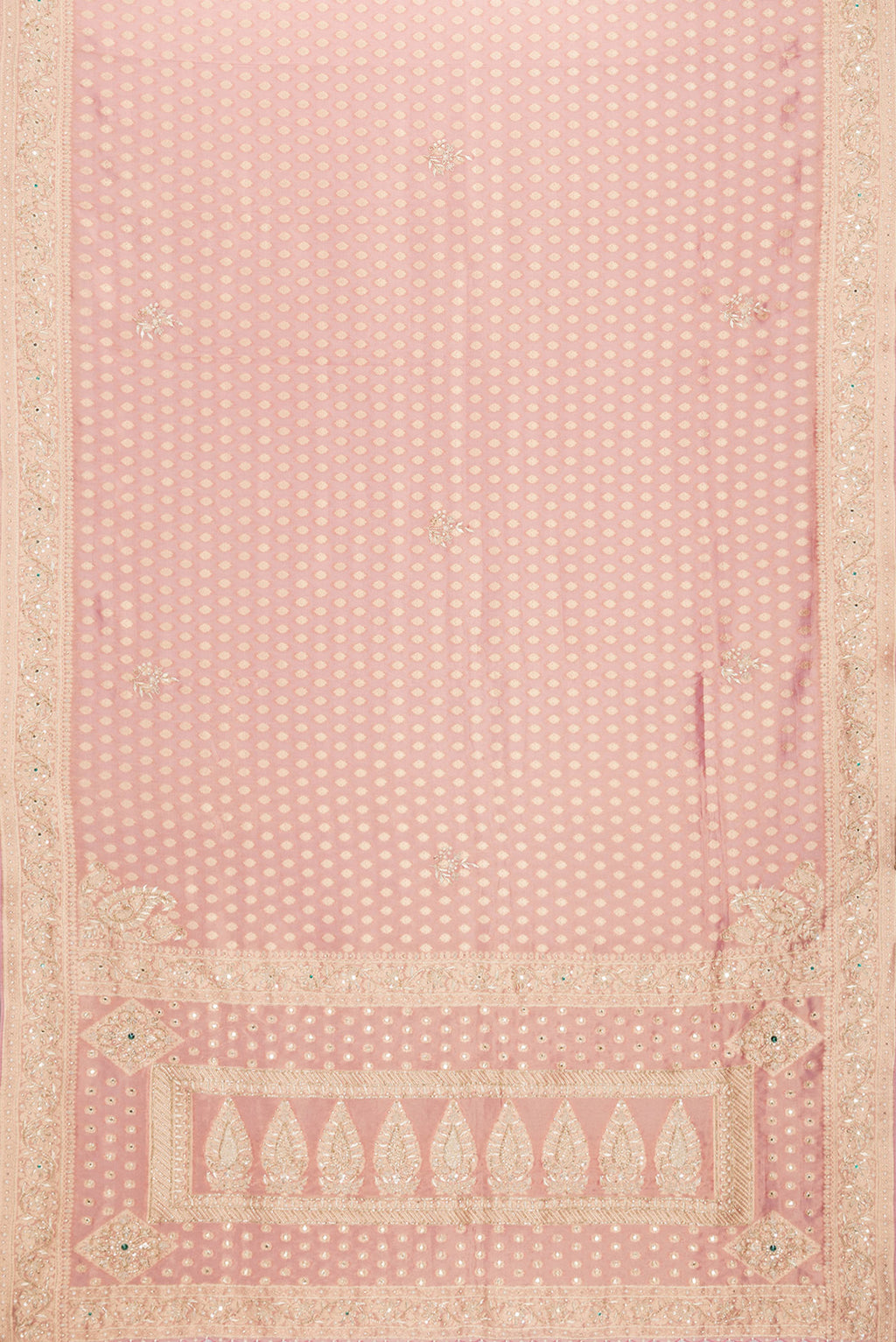 Flat view of Pink Dual Tone Banarasi Georgette Saree with Embroidery on the body and Embroidery Border. 