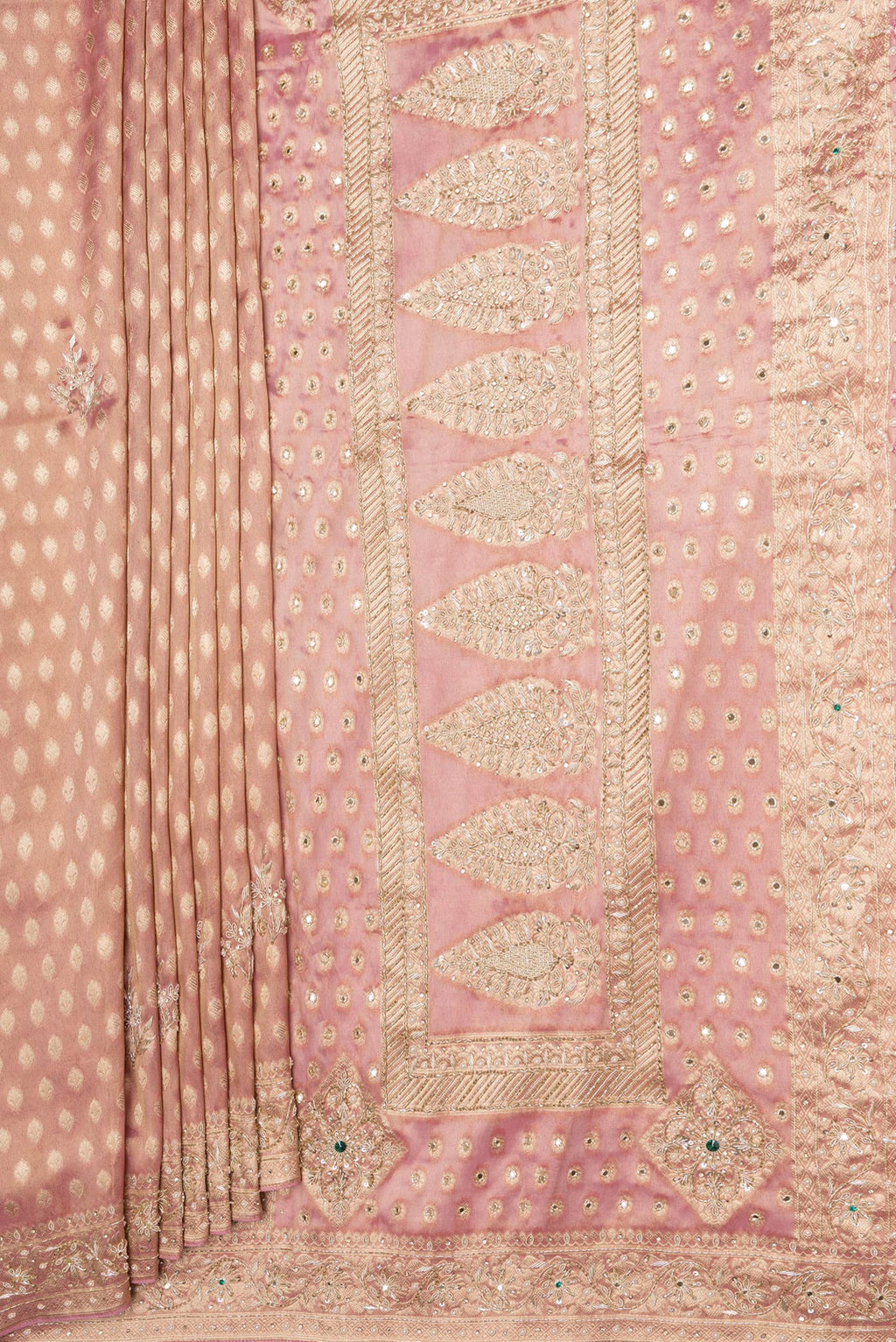 Pleats and pallu of Pink Dual Tone Banarasi Georgette Saree with Embroidery on the body and Embroidery Border. 