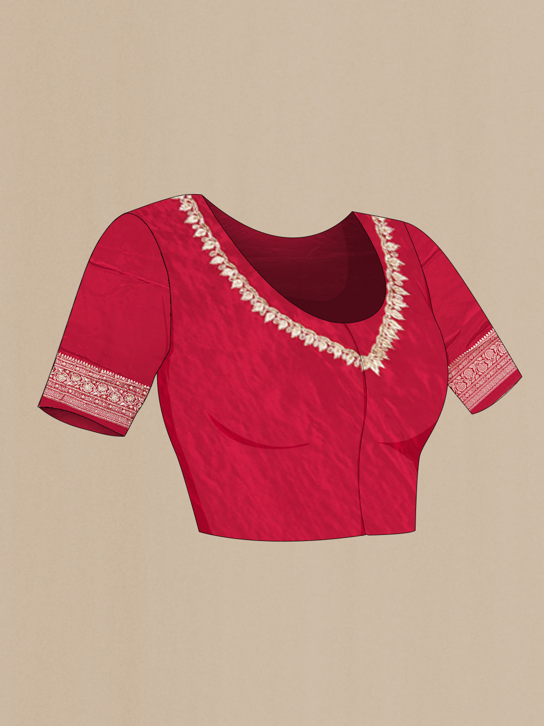Close up image of the blouse of Red Dual Tone Mysore Crepe Saree with Zari Brocade on the body and Embroidery Border. 