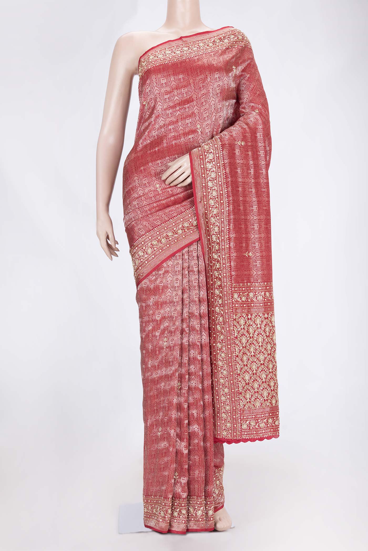Red Dual Tone Mysore Crepe Saree with Zari Brocade on the body and Embroidery Border.  displayed on a mannequin