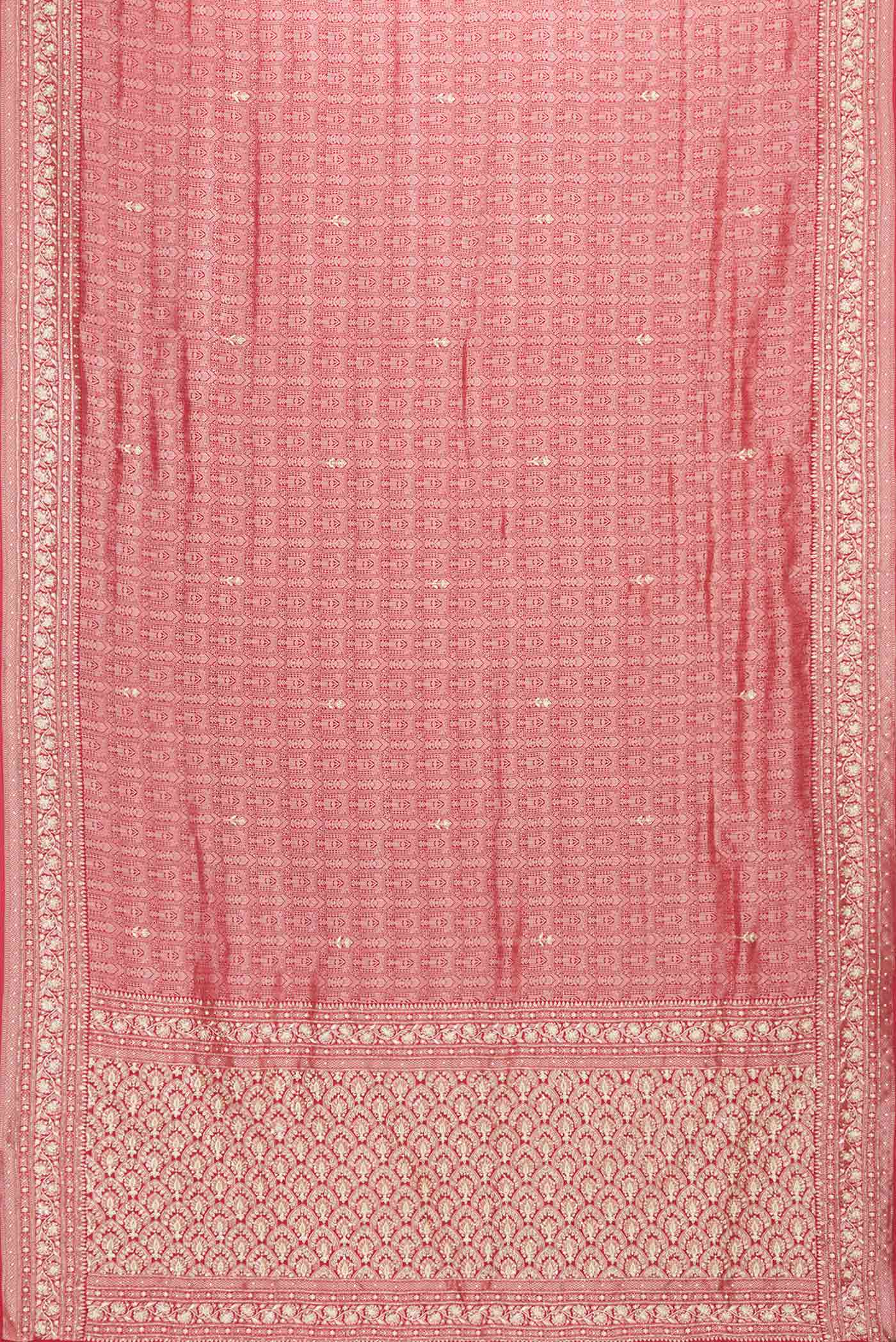 Flat view of Red Dual Tone Mysore Crepe Saree with Zari Brocade on the body and Embroidery Border. 