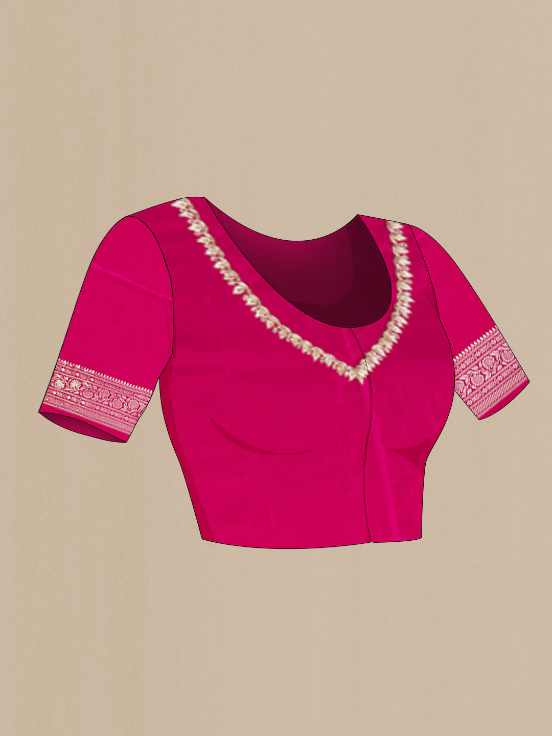 Close up image of the blouse of Pink Dual Tone Mysore Crepe Saree with Zari Brocade on the body and Embroidery Border. 