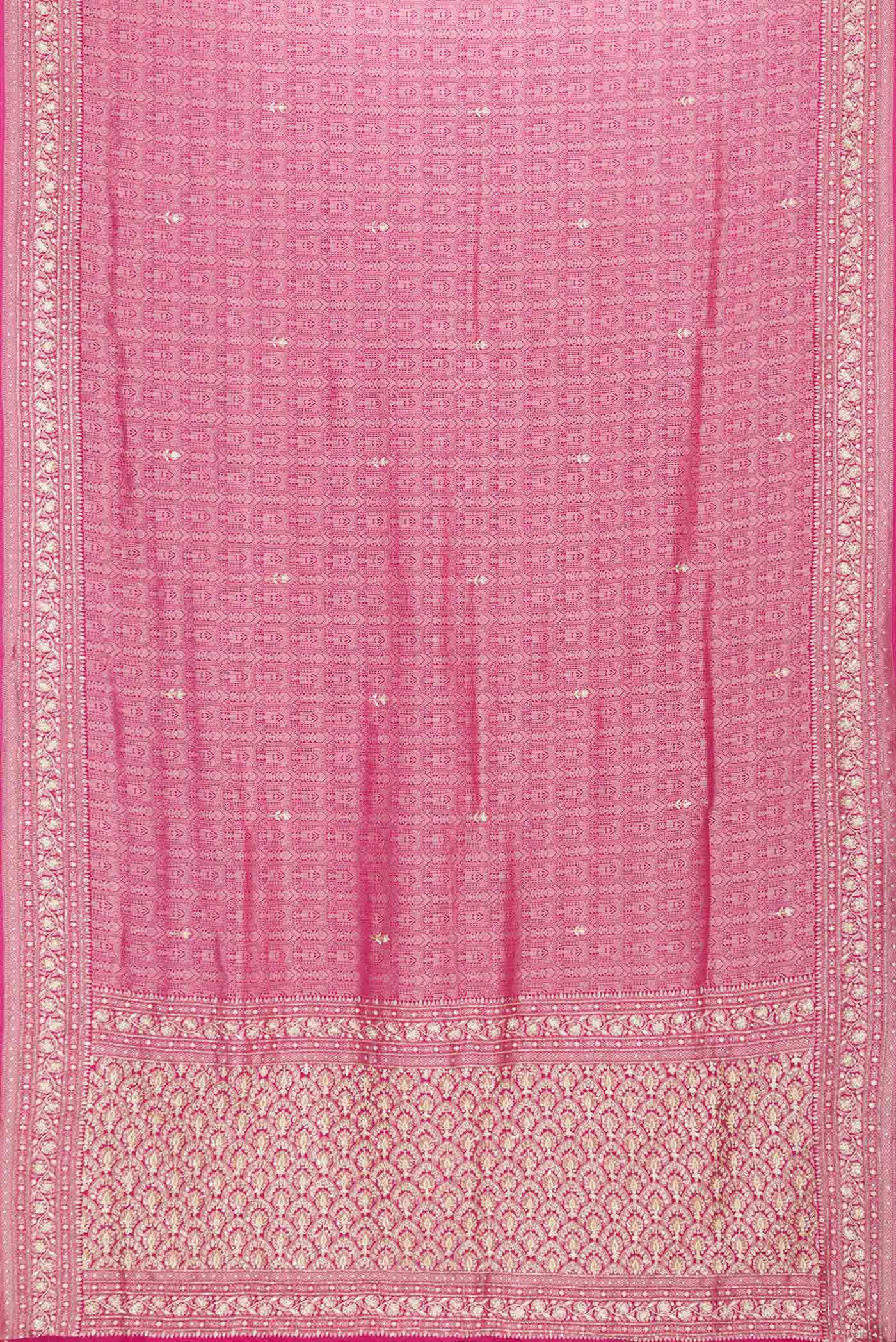 Flat view of Pink Dual Tone Mysore Crepe Saree with Zari Brocade on the body and Embroidery Border. 