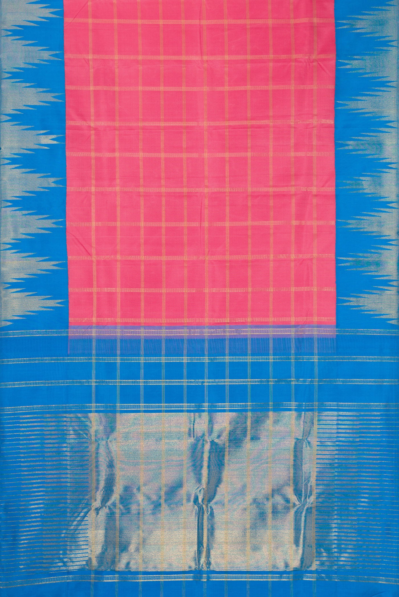 Flat view of Pink Kanjivaram Silk Saree with Checked design on the body and Temple Border. 