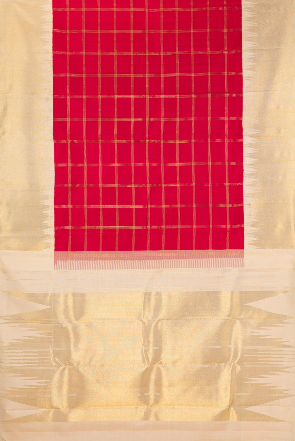 Flat view of Pure Silk Pure Zari Red Kanjivaram Saree with Checked design on the body and Temple Border. 