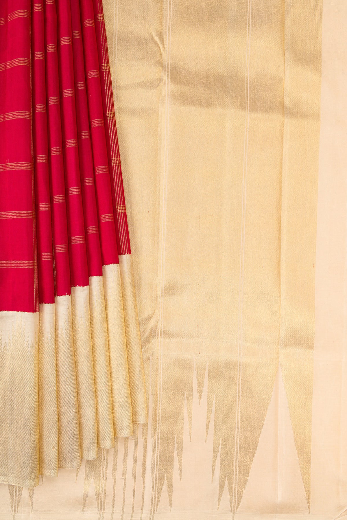 Pleats and pallu of Pure Silk Pure Zari Red Kanjivaram Saree with Checked design on the body and Temple Border. 