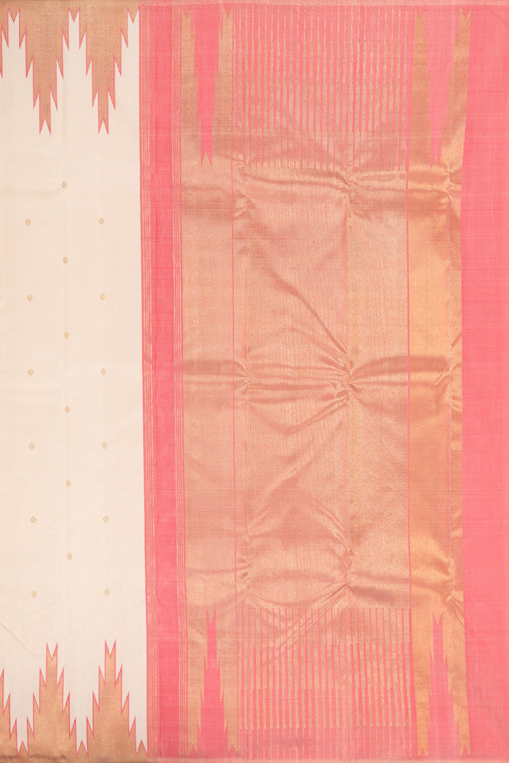 Close up image of the pallu of Pure Silk Pure Zari Cream Kanchipuram Saree with Zari Butta on the body and Temple Border. 