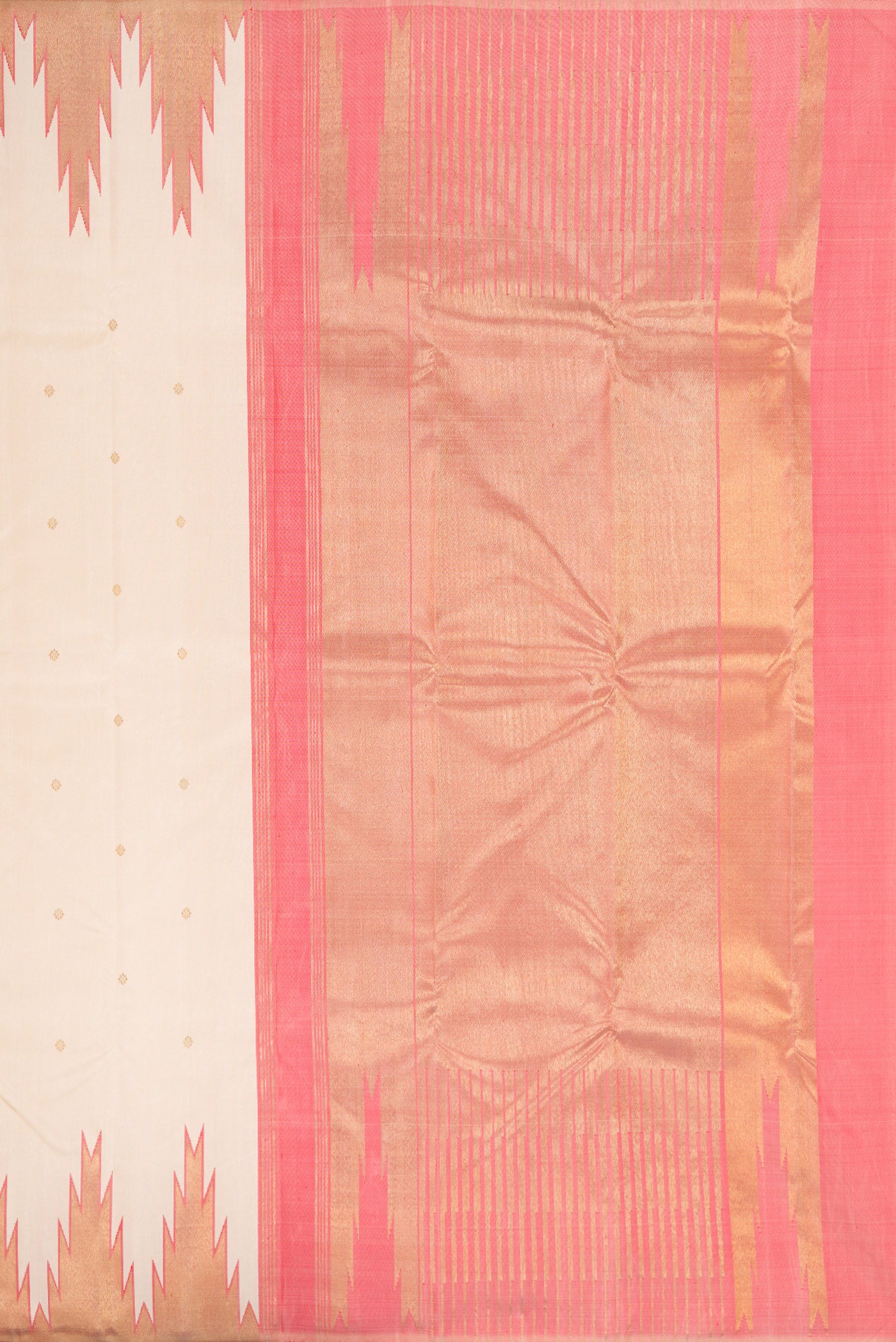 Close up image of the pallu of Pure Silk Pure Zari Cream Kanchipuram Saree with Zari Butta on the body and Temple Border. 