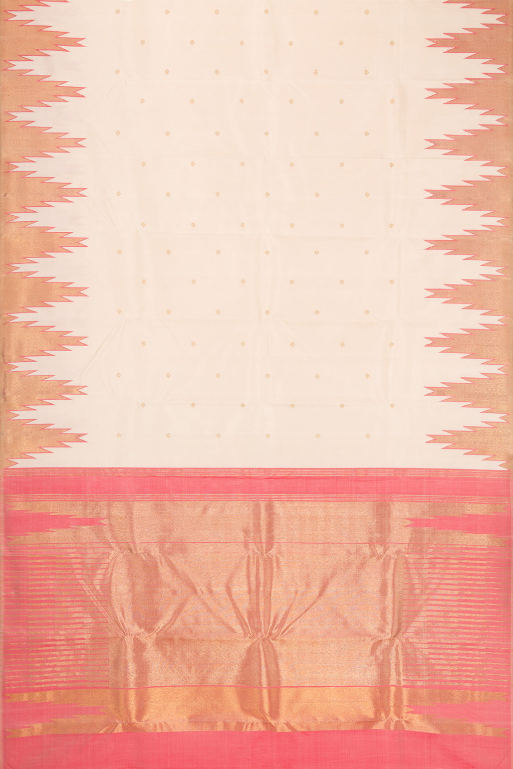 Flat view of Pure Silk Pure Zari Cream Kanchipuram Saree with Zari Butta on the body and Temple Border. 