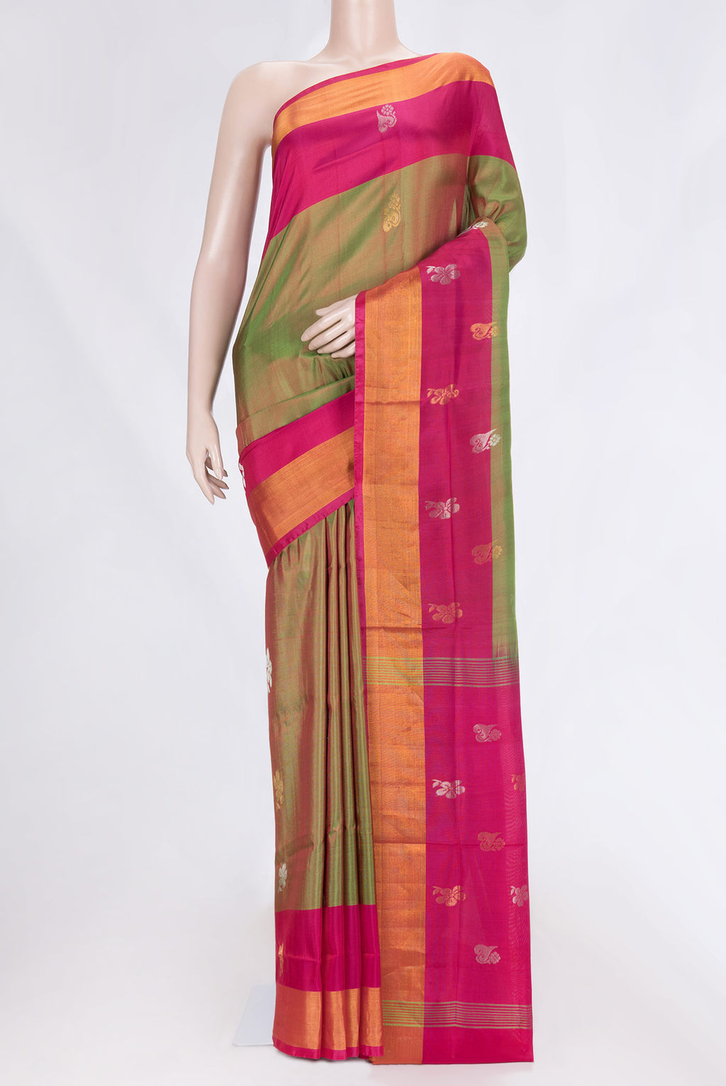 Mehandi Green Dual Tone Uppada Silk Saree with Zari Butta on the body and Zari Border.  displayed on a mannequin