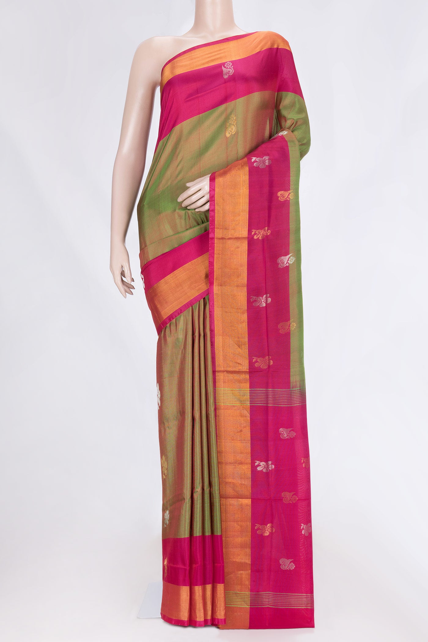 Mehandi Green Dual Tone Uppada Silk Saree with Zari Butta on the body and Zari Border.  displayed on a mannequin