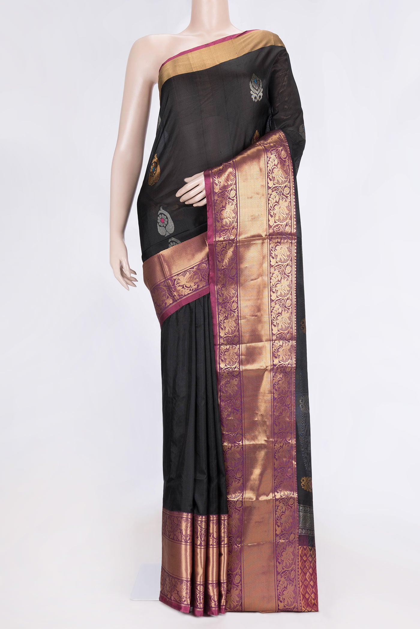 Black Dual Tone Uppada Silk Saree with Zari And Thread Butta on the body and Zari Border.  displayed on a mannequin