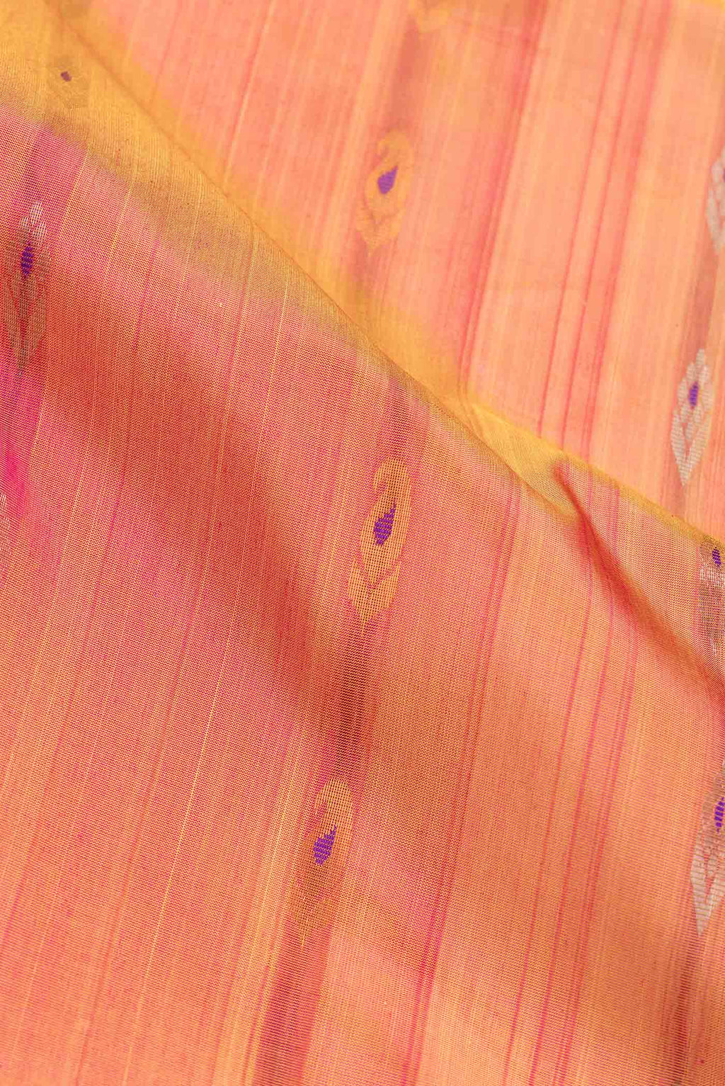 Close up of Mustard Dual Tone Uppada Silk Saree with Zari And Thread Butta on the body and Zari Border.  displaying folds