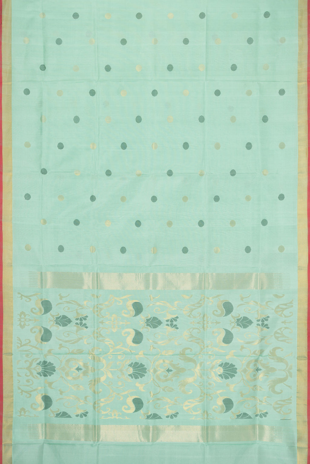 Flat view of Light Green Dual Tone Uppada Silk Saree with Zari And Thread Butta on the body and Fancy Border. 