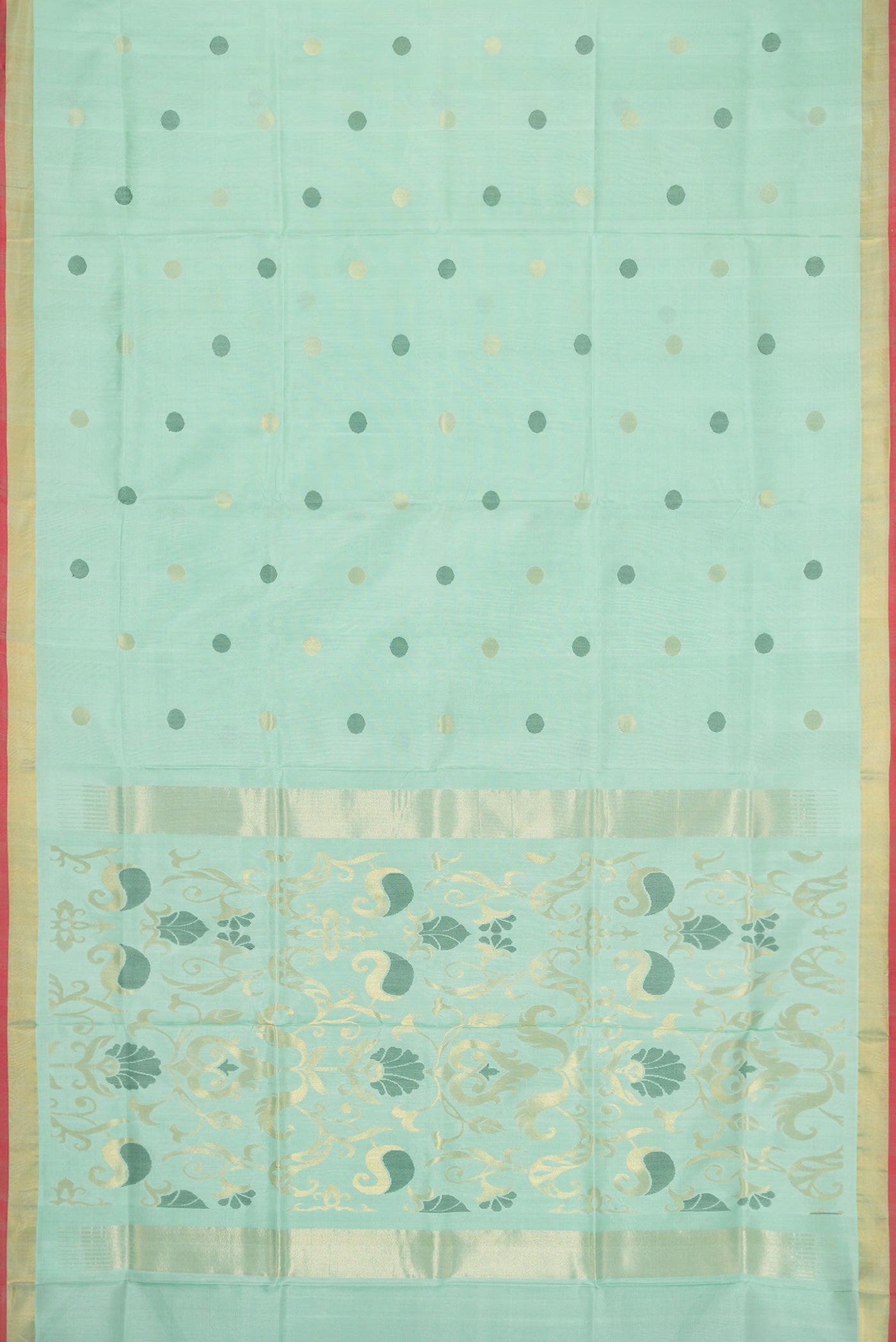 Flat view of Light Green Dual Tone Uppada Silk Saree with Zari And Thread Butta on the body and Fancy Border. 