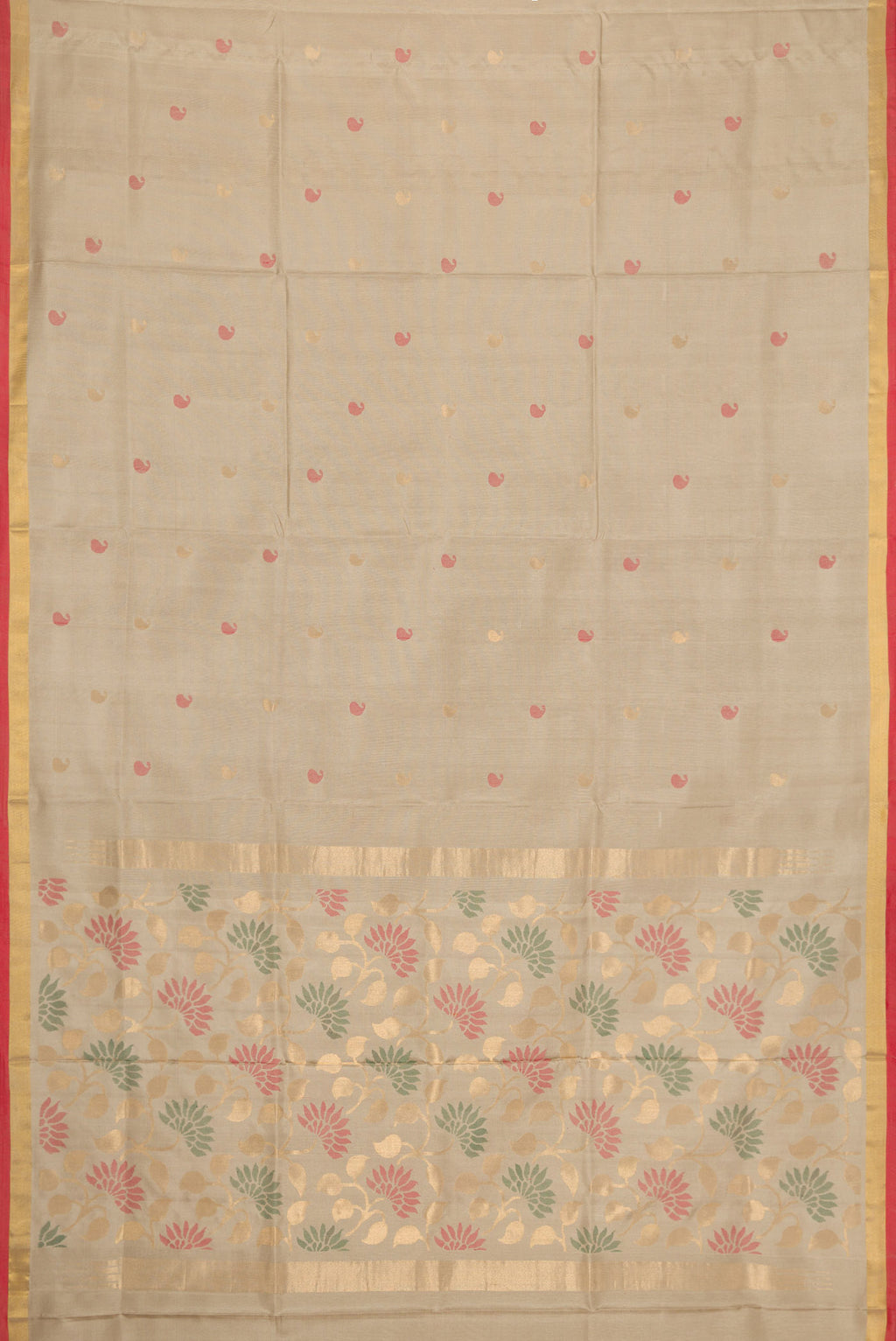 Flat view of Beige Dual Tone Uppada Silk Saree with Zari And Thread Butta on the body and Zari Border. 