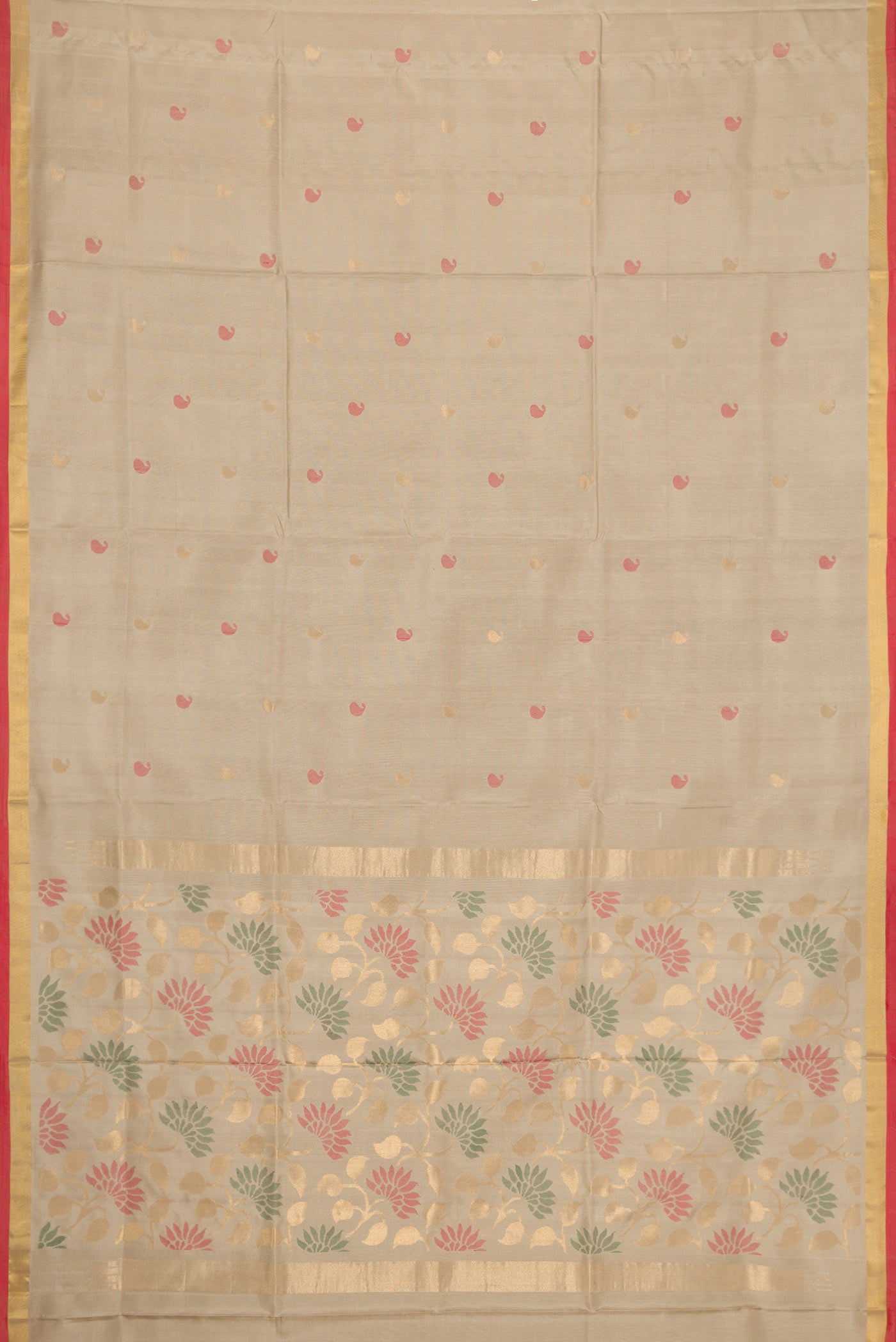 Flat view of Beige Dual Tone Uppada Silk Saree with Zari And Thread Butta on the body and Zari Border. 