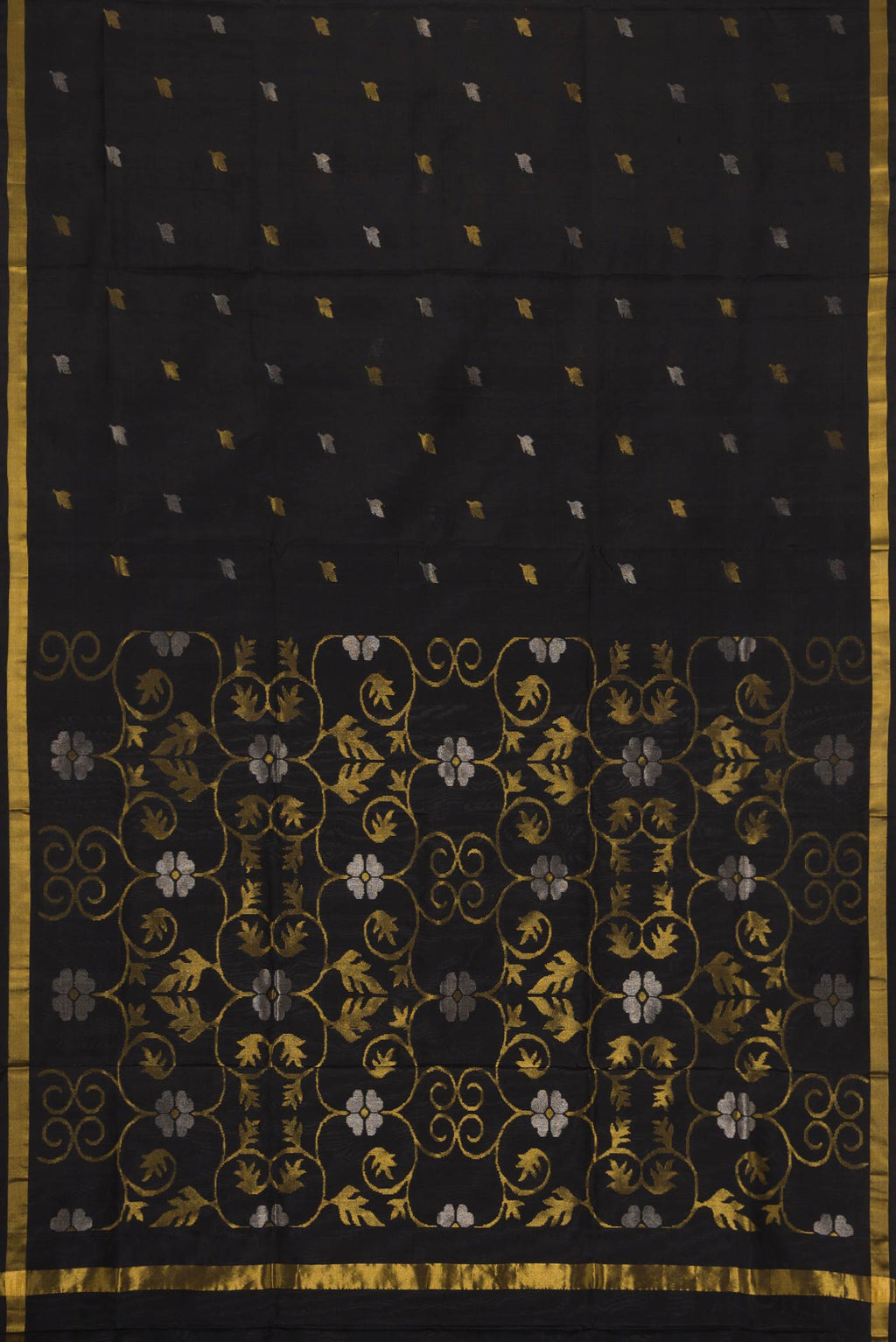 Flat view of Black Dual Tone Uppada Silk Saree with Zari Butta on the body and Zari Border. 