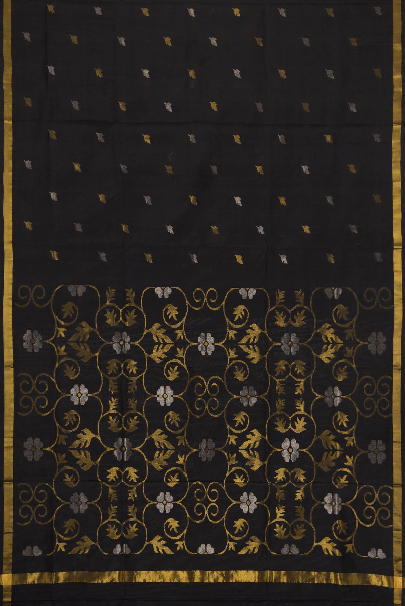 Flat view of Black Dual Tone Uppada Silk Saree with Zari Butta on the body and Zari Border. 