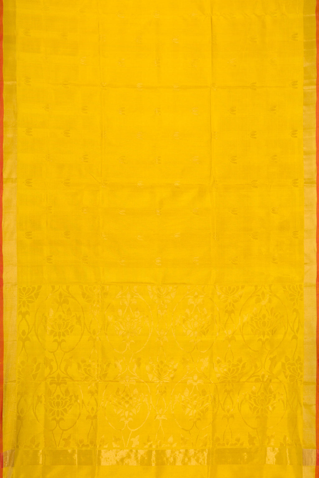 Flat view of Mustard Dual Tone Uppada Silk Saree with Zari Butta on the body and Zari Border. 