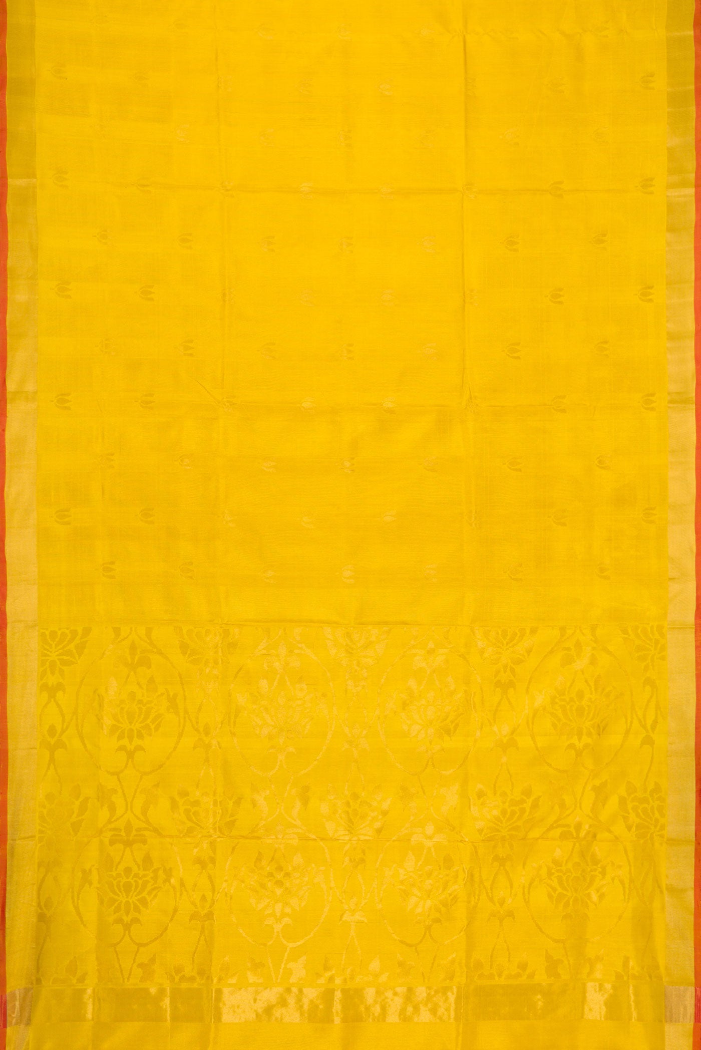 Flat view of Mustard Dual Tone Uppada Silk Saree with Zari Butta on the body and Zari Border. 