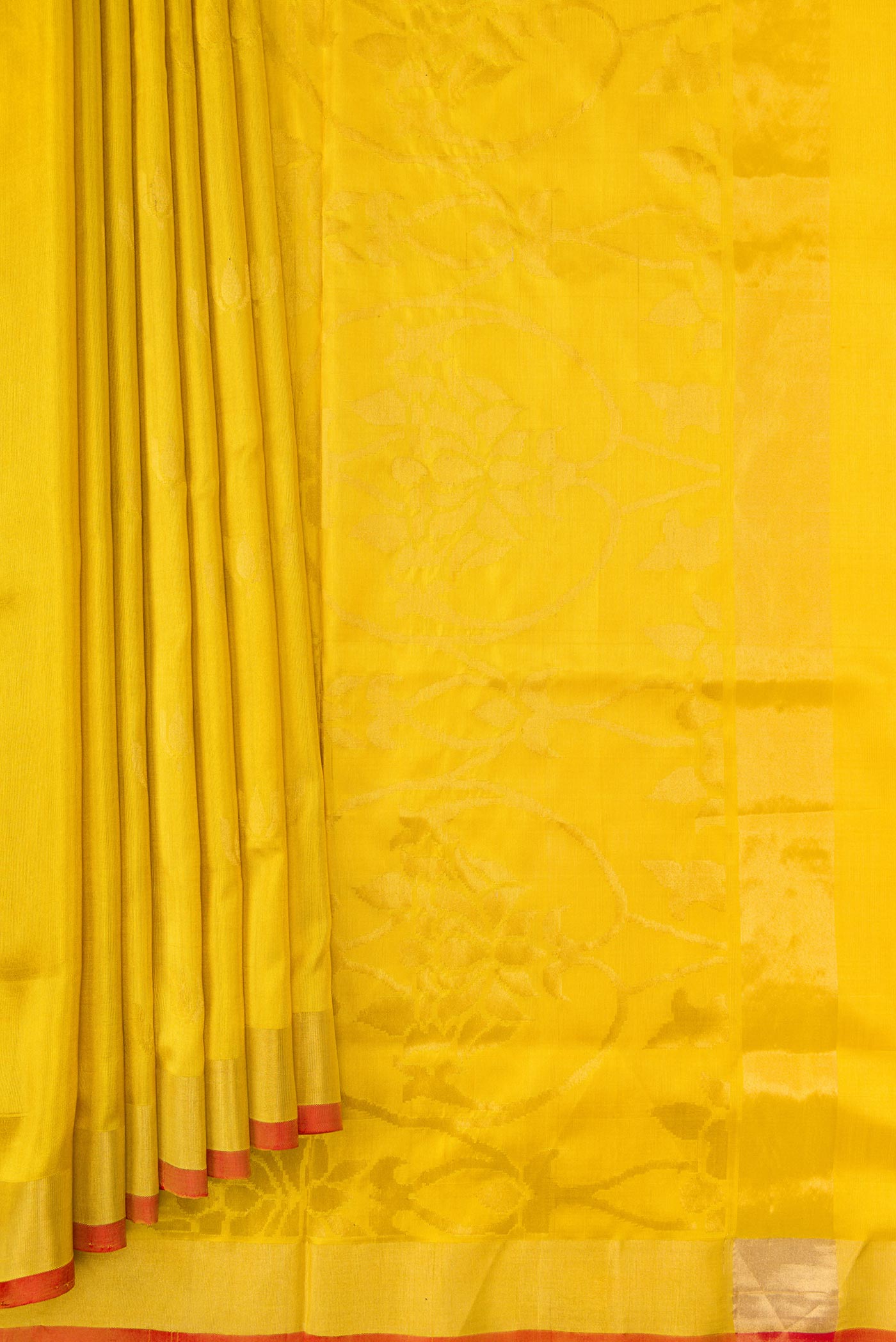 Pleats and pallu of Mustard Dual Tone Uppada Silk Saree with Zari Butta on the body and Zari Border. 