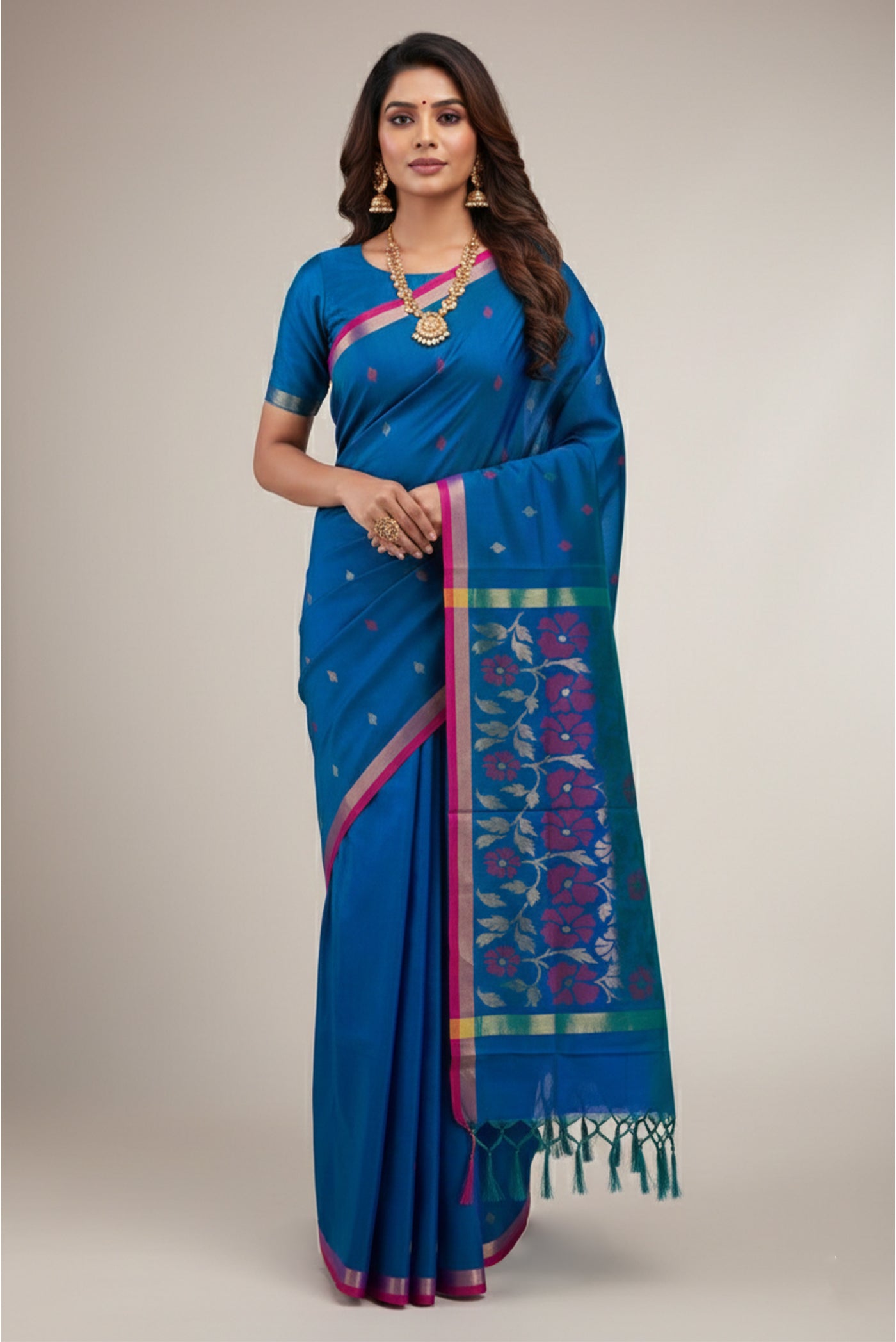 Model wearing a Peacock Blue Dual Tone Uppada Silk Saree with Zari And Thread Butta on the body and Zari Border.