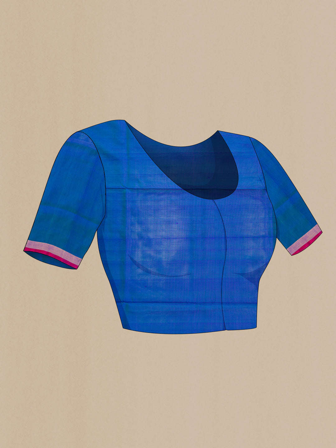 Close up image of the blouse of Peacock Blue Dual Tone Uppada Silk Saree with Zari And Thread Butta on the body and Zari Border. 