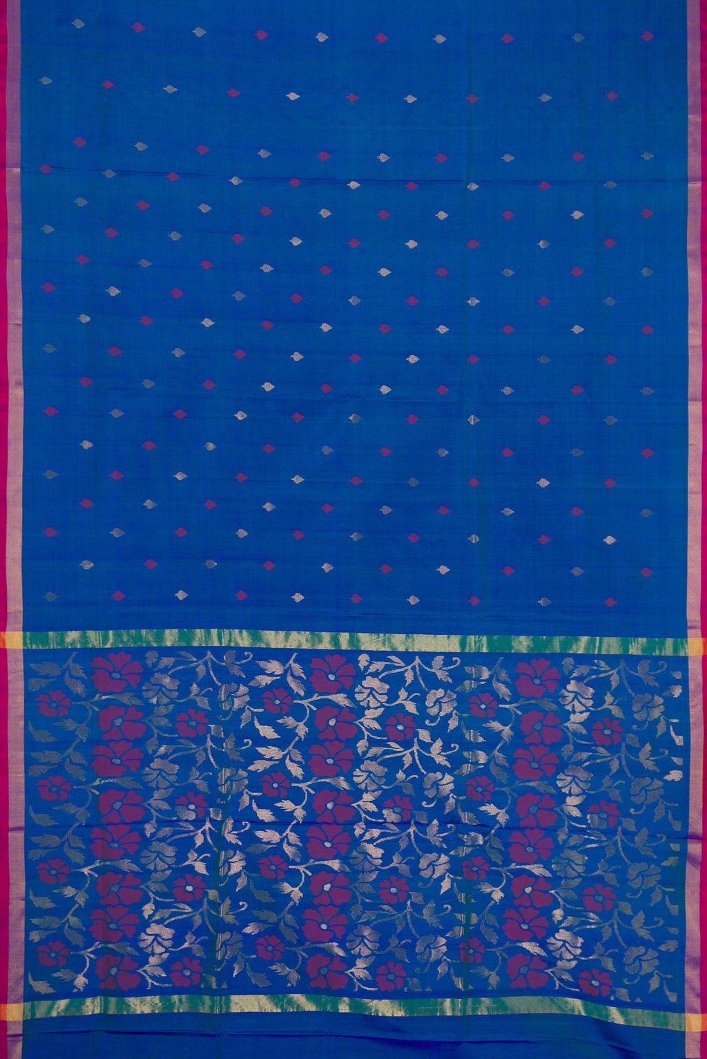 Flat view of Peacock Blue Dual Tone Uppada Silk Saree with Zari And Thread Butta on the body and Zari Border. 