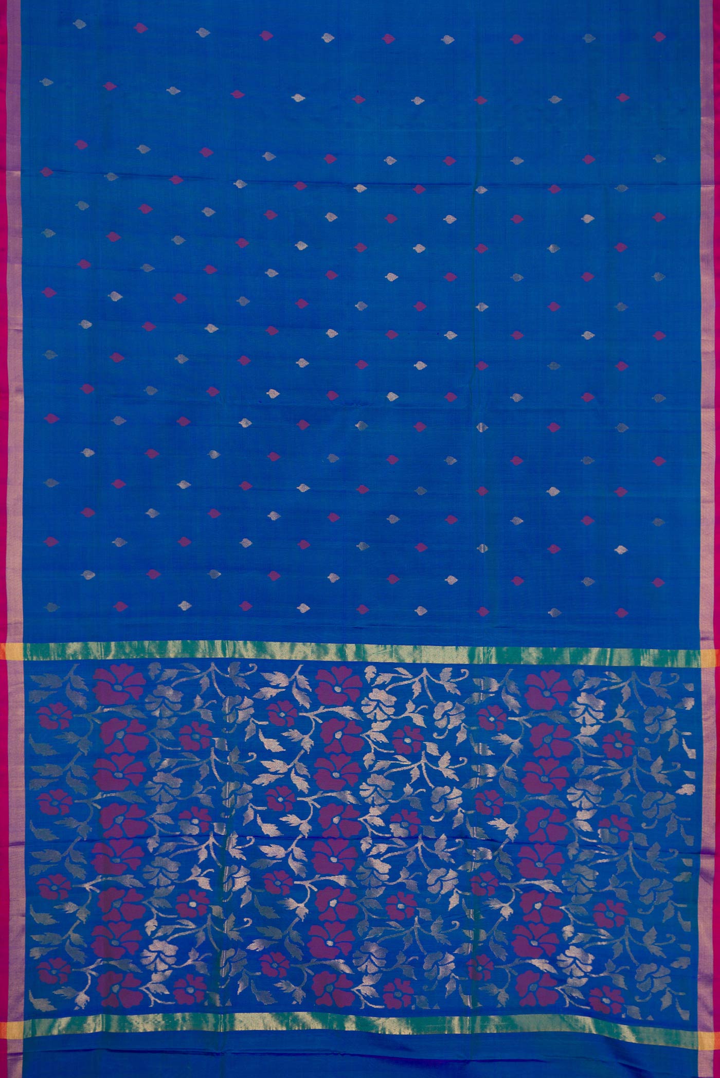 Flat view of Peacock Blue Dual Tone Uppada Silk Saree with Zari And Thread Butta on the body and Zari Border. 