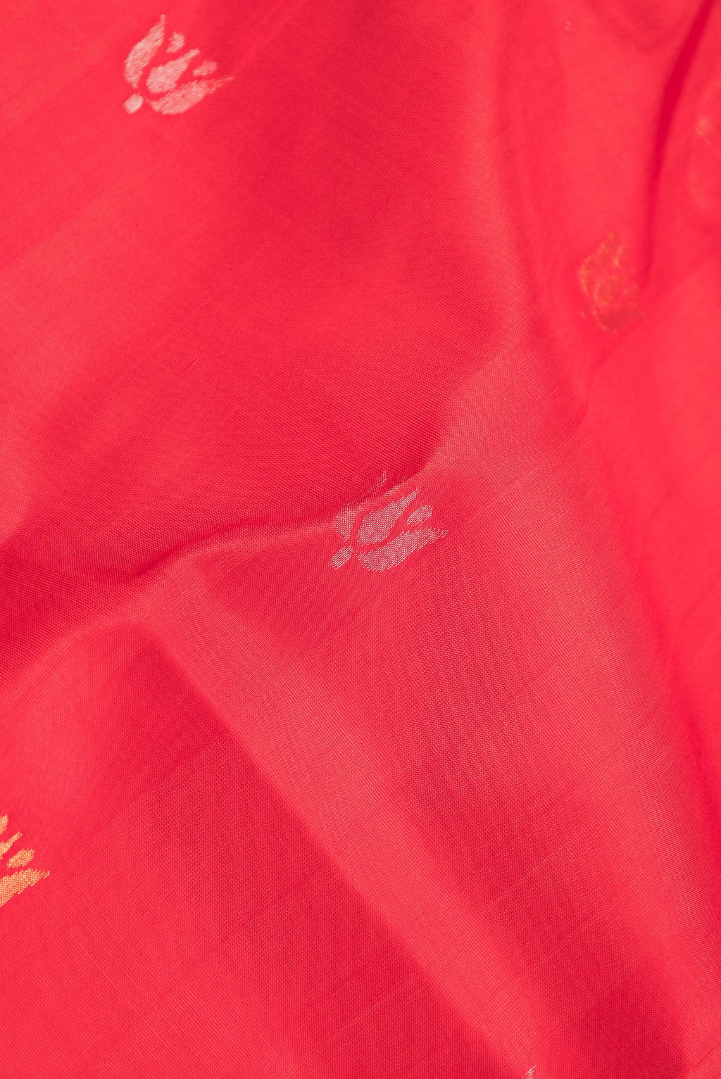 Close up of Red Dual Tone Uppada Silk Saree with Zari Butta on the body and Zari Border.  displaying folds