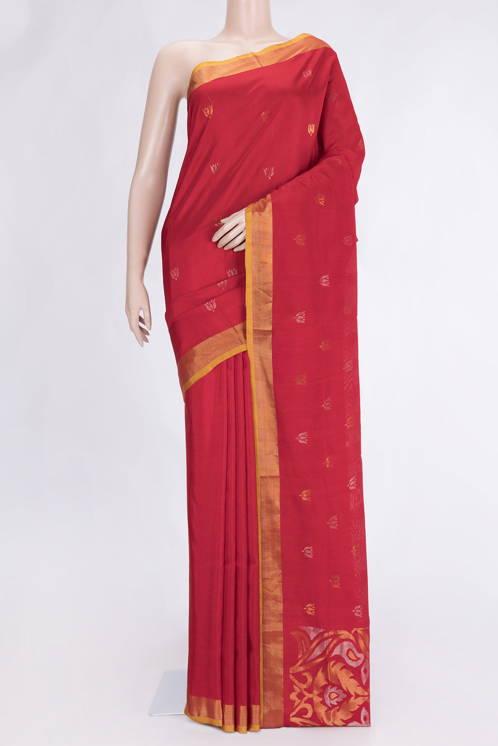 Red Dual Tone Uppada Silk Saree with Zari Butta on the body and Zari Border.  displayed on a mannequin