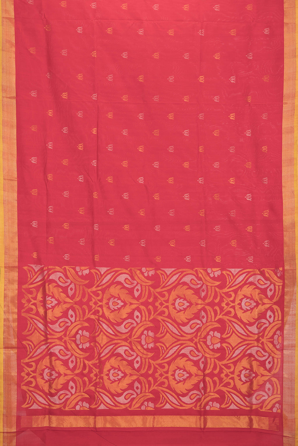 Flat view of Red Dual Tone Uppada Silk Saree with Zari Butta on the body and Zari Border. 