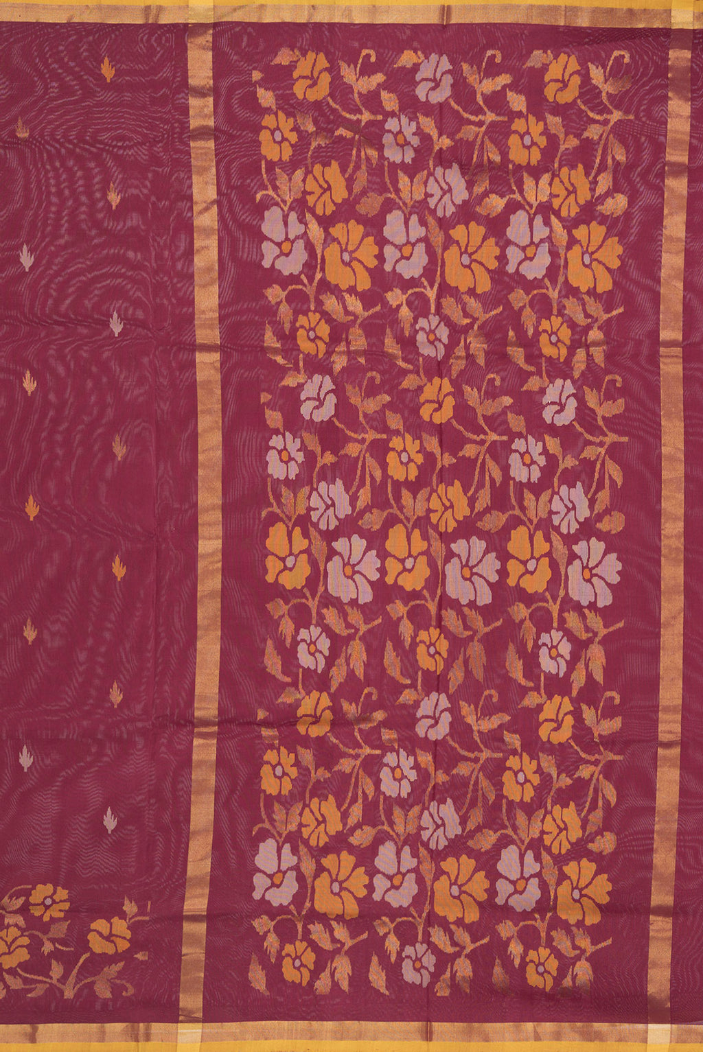 Close up image of the pallu of Maroon Dual Tone Uppada Silk Saree with Zari Butta on the body and Zari Border. 