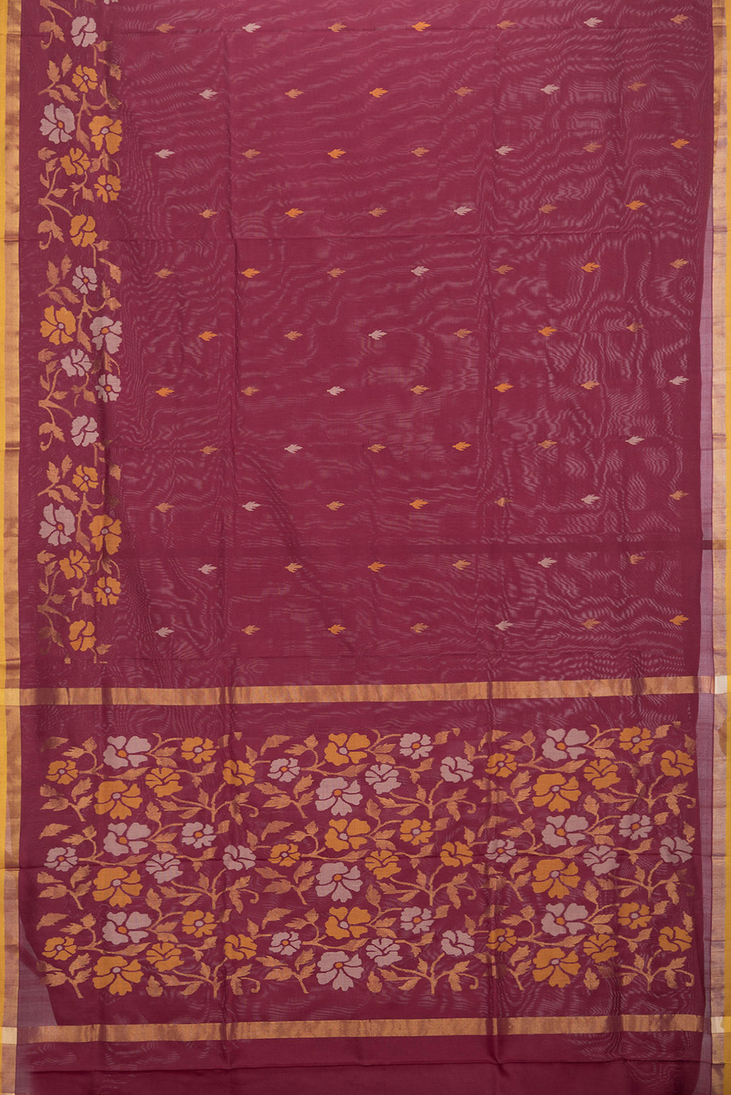 Flat view of Maroon Dual Tone Uppada Silk Saree with Zari Butta on the body and Zari Border. 